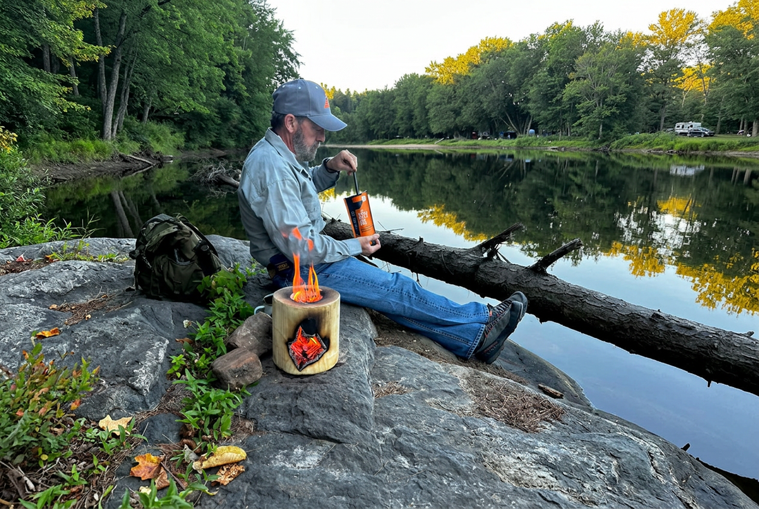 Man preparing breakfast beside a lake, seated on rocks next to a small log stove.